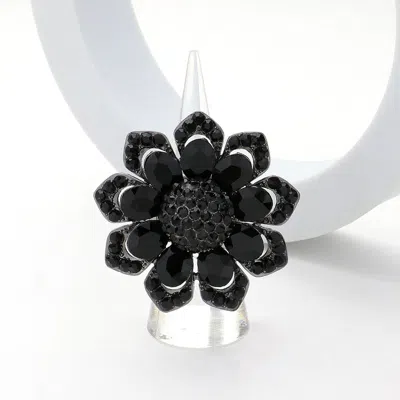 Fashnzfab Oval Glass Stone Embellished Rhinestone Paved Flower Stretch Ring In Black