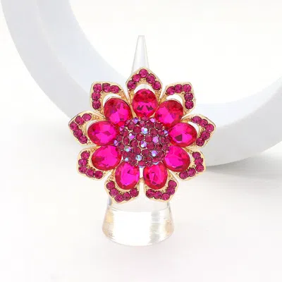 Fashnzfab Oval Glass Stone Embellished Rhinestone Paved Flower Stretch Ring In Pink