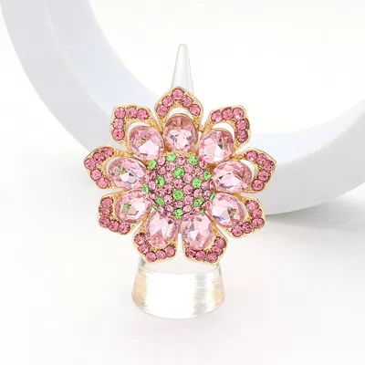 Fashnzfab Oval Glass Stone Embellished Rhinestone Paved Flower Stretch Ring In Pink