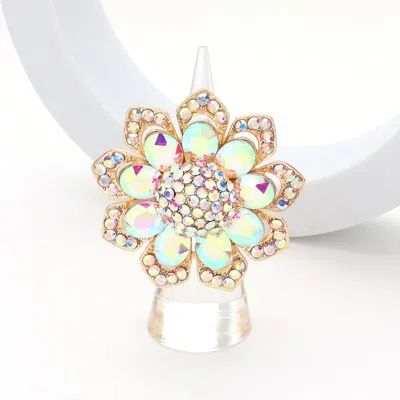 Fashnzfab Oval Glass Stone Embellished Rhinestone Paved Flower Stretch Ring In Silver