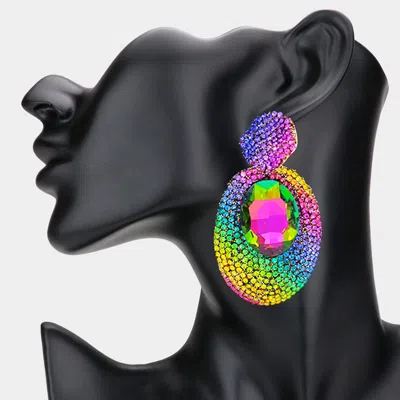 Fashnzfab Oval Glass Stone Pointed Rhinestone Paved Dangle Evening Earrings - Multi
