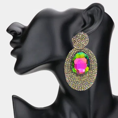 Fashnzfab Oval Glass Stone Pointed Rhinestone Paved Dangle Evening Earrings - In Multi
