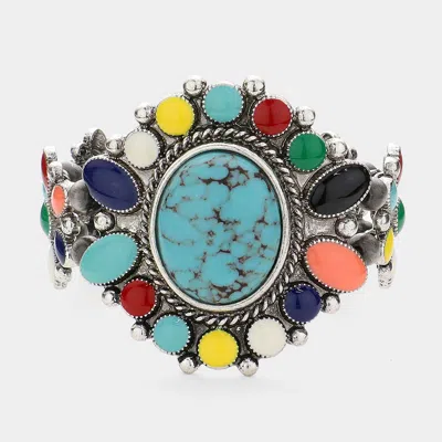 Fashnzfab Oval Natural Stone Accented Stretch Bracelet Multi, Silver Burnished
