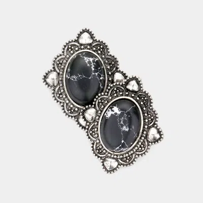 Fashnzfab Oval Natural Stone Antique Metal Stud Earrings In Black