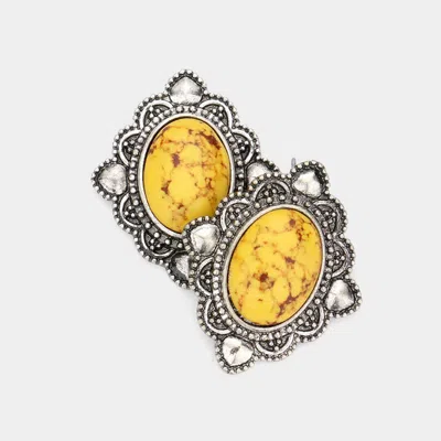 Fashnzfab Oval Natural Stone Antique Metal Stud Earrings In Gold