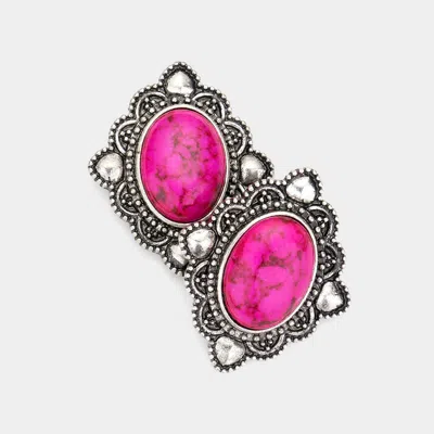 Fashnzfab Oval Natural Stone Antique Metal Stud Earrings In Purple