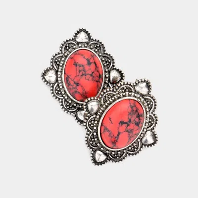 Fashnzfab Oval Natural Stone Antique Metal Stud Earrings In Red
