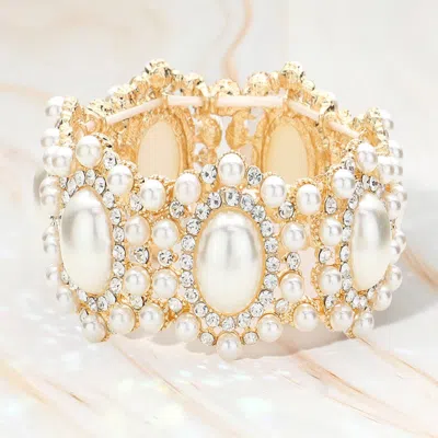 Fashnzfab Oval Pearl Accented Link Stretch Evening Bracelet In Gold