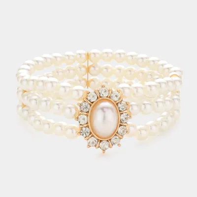 Fashnzfab Oval Pearl Accented Stretch Bracelet Cream In White