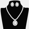 Fashnzfab Oval Pearl Centered Bubble Stone Trimmed Pendant Necklace Clip On Earring Set In Metallic