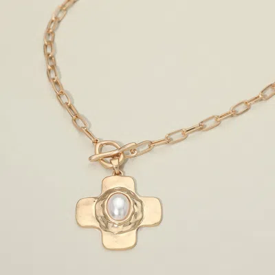 Fashnzfab Oval Pearl Centered Toggle Cross Charm Pendant Necklace In Metallic
