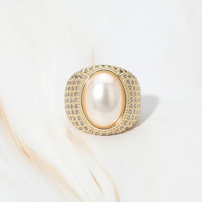 Fashnzfab Oval Pearl Centerpiece Cz Pave Statement Ring In Gold
