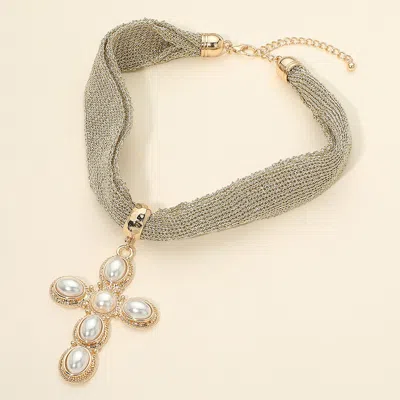 Fashnzfab Oval Pearl Cross Pendant Accent Mesh Chain Statement Necklace In Silver