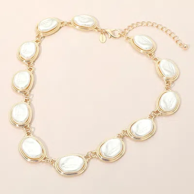 Fashnzfab Oval Pearl Frame Link Statement Necklace In Gold