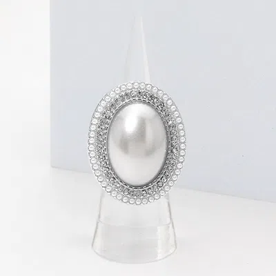 Fashnzfab Oval Pearl Halo Stretch Ring In Silver