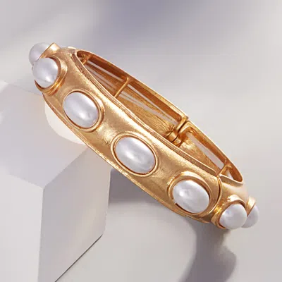 Fashnzfab Oval Pearl Pointed Brushed Metal Stretch Bangle Bracelet In Gold