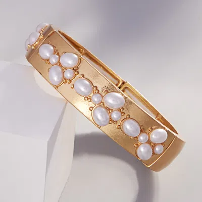 Fashnzfab Oval Pearl Pointed Brushed Metal Stretch Bangle Bracelet Worn Gold In Multi