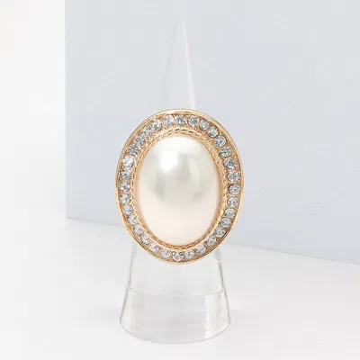 Fashnzfab Oval Pearl Rhinestone Halo Stretch Ring In Silver