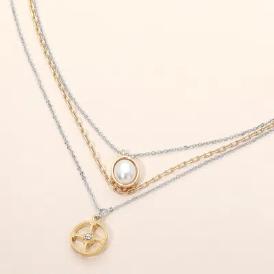 Fashnzfab Oval Pearl Round Pendant Layered Chain Necklace In Gold