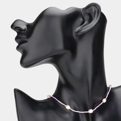 Fashnzfab Oval Pearl Station Tube Beaded Necklace In Metallic