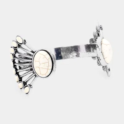 Fashnzfab Oval Red Coral Tribal Metal Cuff Bracelet Silver Burnished, White In Multi