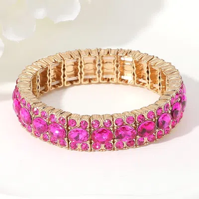Fashnzfab Oval Round Glass Stone Cluster Beaded Stretch Evening Bracelet Fuchsia, Gold In Multi