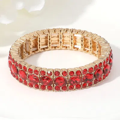Fashnzfab Oval Round Glass Stone Cluster Beaded Stretch Evening Bracelet Gold, Red In Multi