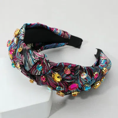 Fashnzfab Oval Round Stone Cluster Embellished Jacquard Knot Headband In Black