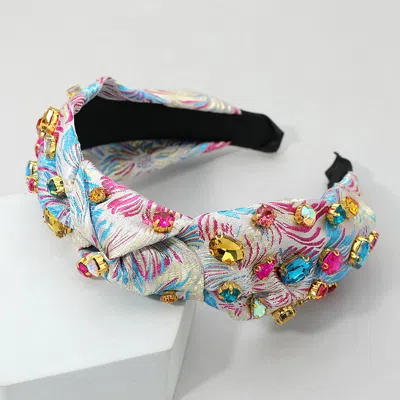 Fashnzfab Oval Round Stone Cluster Embellished Jacquard Knot Headband In White