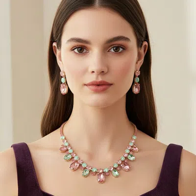 Fashnzfab Oval Round Stone Cluster Link Evening Necklace In Gold