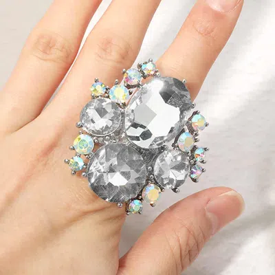 Fashnzfab Oval Round Stone Cluster Statement Stretch Ring In Silver