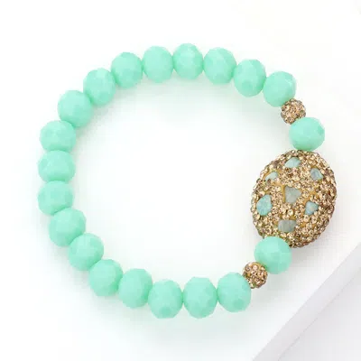 Fashnzfab Oval Shamballa Ball Accented Natural Stone Bracelet Gold, Turquoise In Green