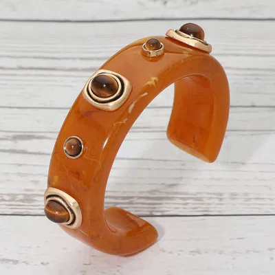 Fashnzfab Oval Stone Accent Resin Cuff Bracelet In Brown