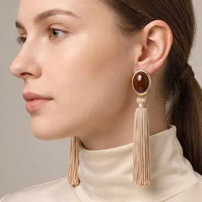 Fashnzfab Oval Stone Accent Tassel Drop Statement Earrings In Gold