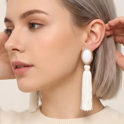 Fashnzfab Oval Stone Accent Tassel Drop Statement Earrings In Gold