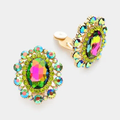 Fashnzfab Oval Stone Accented Clip On Evening Earrings In Green