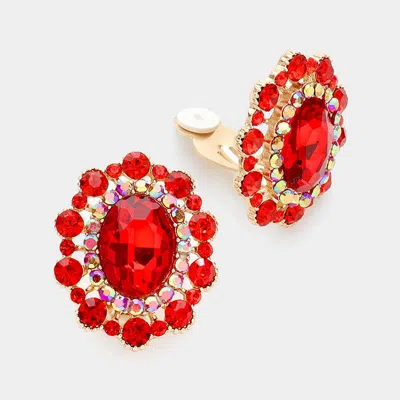 Fashnzfab Oval Stone Accented Clip On Evening Earrings In Red