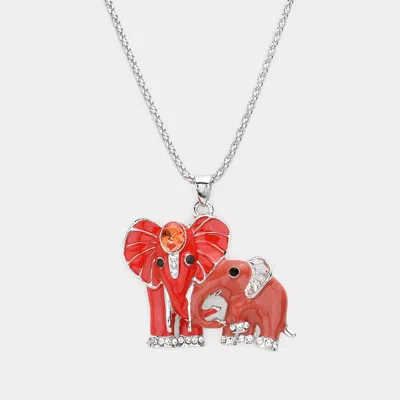 Fashnzfab Oval Stone Accented Enamel Elephant Pendant Necklace In Red