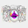 Fashnzfab Oval Stone Accented Flower Stretch Evening Bracelet Ab, Silver In Multi