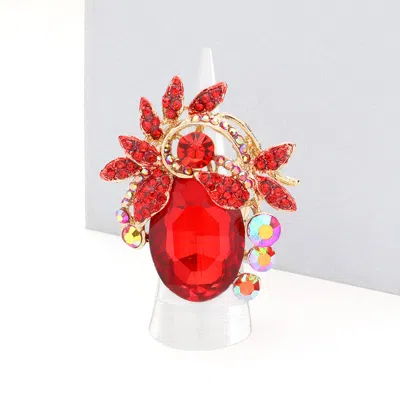 Fashnzfab Oval Stone Accented Leaf Cluster Stretch Ring In Red