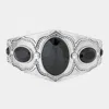 Fashnzfab Oval Stone Accented Metal Bracelet Jet Black, Rhodium In Multi