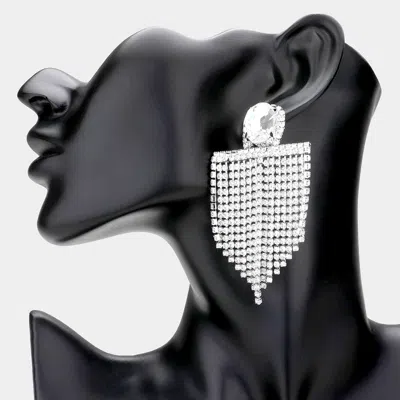 Fashnzfab Oval Stone Accented Rhinestone Fringe Dangle Evening Earrings In Silver