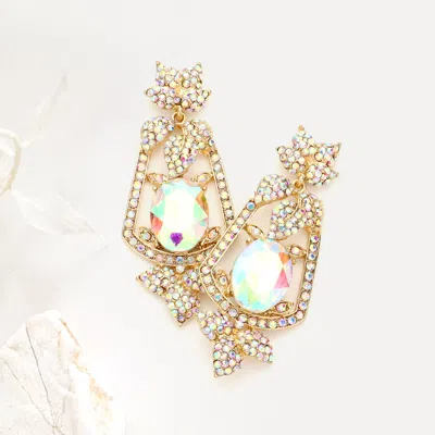 Fashnzfab Oval Stone Accented Rhinestone Leaf Evening Dangle Earrings In Pink