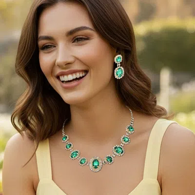Fashnzfab Oval Stone Accented Rhinestone Trimmed Necklace - Emerald, Gold In Multi