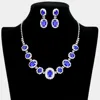 Fashnzfab Oval Stone Accented Rhinestone Trimmed Necklace In Blue