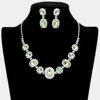 Fashnzfab Oval Stone Accented Rhinestone Trimmed Necklace In Green