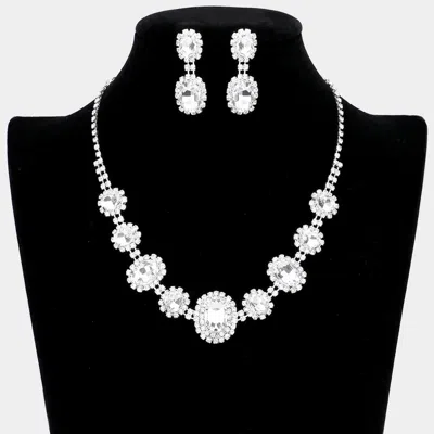Fashnzfab Oval Stone Accented Rhinestone Trimmed Necklace In Metallic