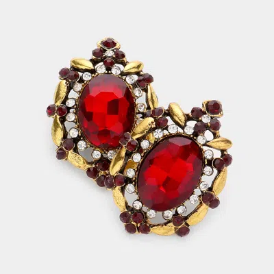 Fashnzfab Oval Stone Accented Stud Evening Earrings - Siam In Red