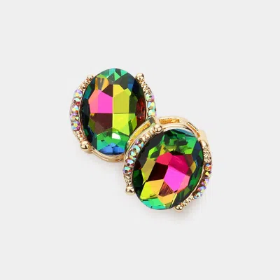 Fashnzfab Oval Stone Accented Stud Evening Earrings In Green