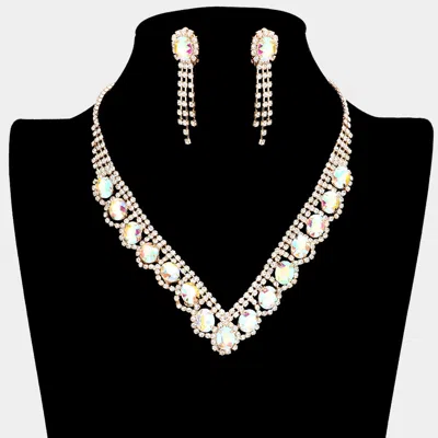 Fashnzfab Oval Stone Accented V Shaped Rhinestone Necklace Clip On Earring Set In Black